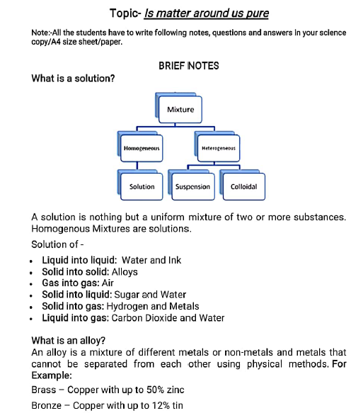 Cbse Class Chemistry Is Matter Around Us Pure Worksheet